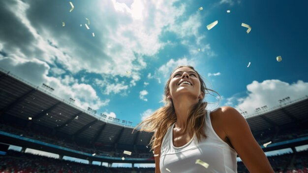 Foto vista de baixo de sorridente feliz jovem atleta tenista celebrando jogo bem sucedido de pé no estádio ao ar livre vencedor do campeonato