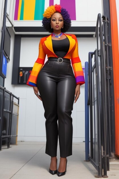 vista de baixo foto de corpo inteiro de uma bela mulher negra adulta vestindo roupas coloridas modernas