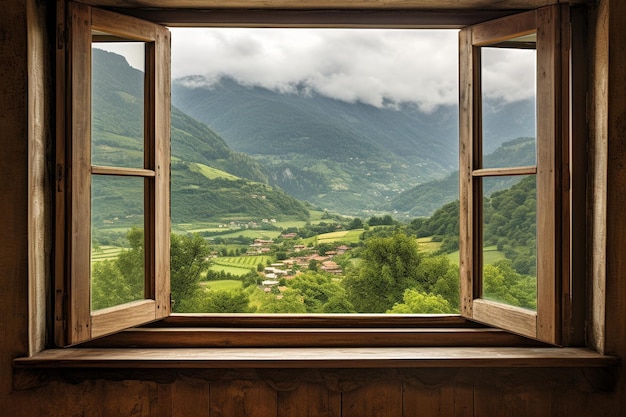 Vista de belas montanhas de uma janela em uma pintura a óleo de um dia chuvoso