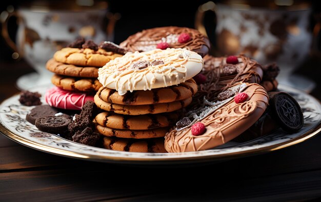 Vista de biscoitos saborosos comida em diferentes camadas em um prato