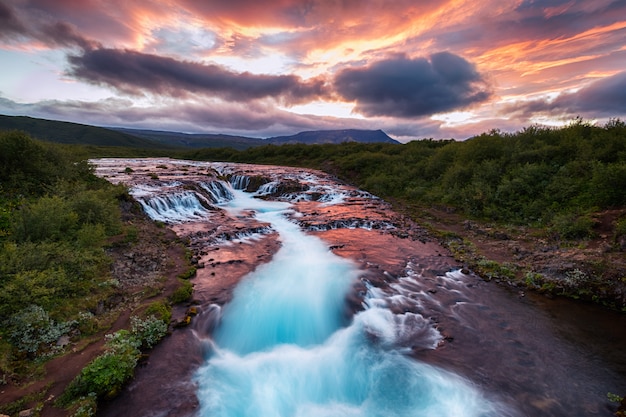 Vista, de, bonito, Bruarfoss, cachoeira, em, verão, em, sul, islândia