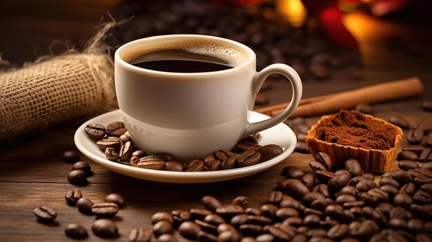 vista de café em xícara branca com grãos de café gerar ai