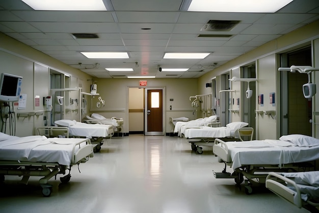 Vista de camas vazias em uma sala de emergência em um hospital