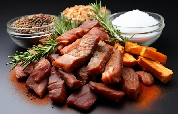 Vista de carne de porco crua sendo preparada em uma mesa