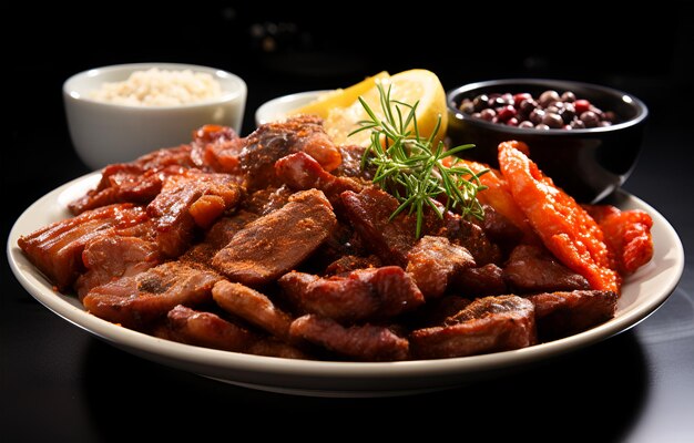 Vista de carne de porco frita com pimenta seca e sal em um prato.