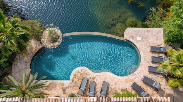 Vista de cima da bela piscina à beira-mar