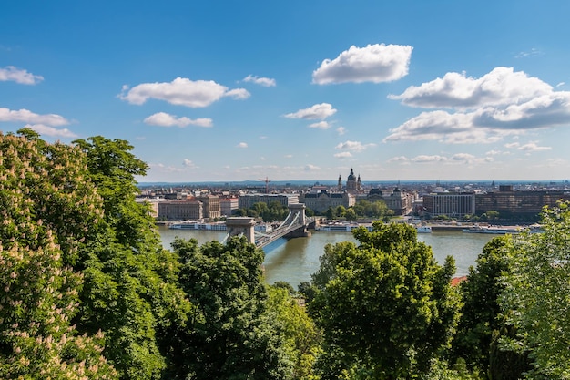 Vista de cima da cidade de Budapeste, na Hungria, o rio Danúbio atravessa o edifício do Parlamento num dia quente e ensolarado
