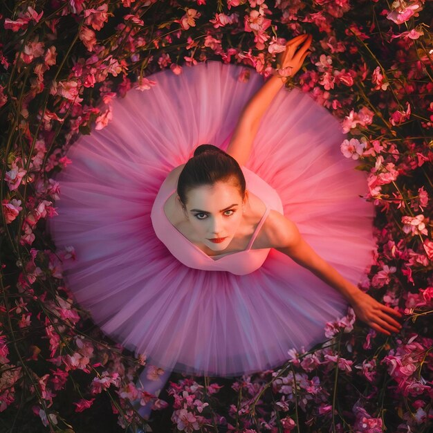 Foto vista de cima da noite quente de uma bela jovem em tutu de balé rosa cercada de flores