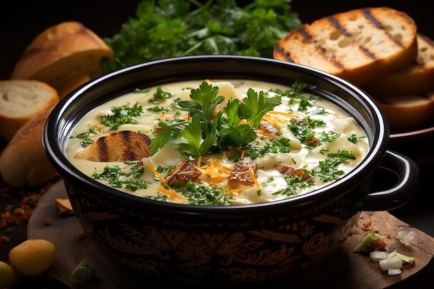 Vista de cima da sopa de batata cremosa com legumes