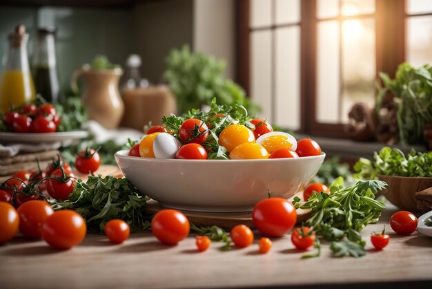 vista de cima de alimentos frescos e especiarias vegetais para cozinhar na mesa branca