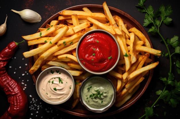 Vista de cima de batatas fritas caseiras com ketchup e maionese