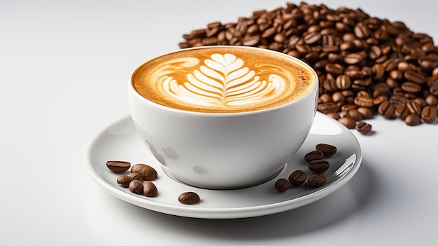 Vista de cima de cappuccino quente em uma xícara branca com grãos de café torrados ao lado em um fundo branco