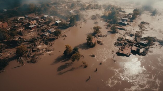 Vista de cima de casas submersas em inundações devastadoras imagem gerada por IA