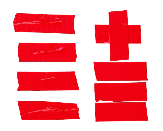 Vista de cima de fita de vinil adesiva vermelha ou listras de fita de pano em conjunto isoladas em fundo branco
