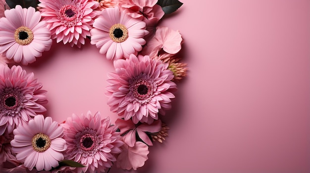 vista de cima de flores cor-de-rosa e brancas em fundo bege