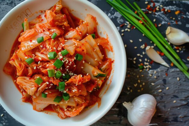 Foto vista de cima de kimchi servido em uma tigela branca