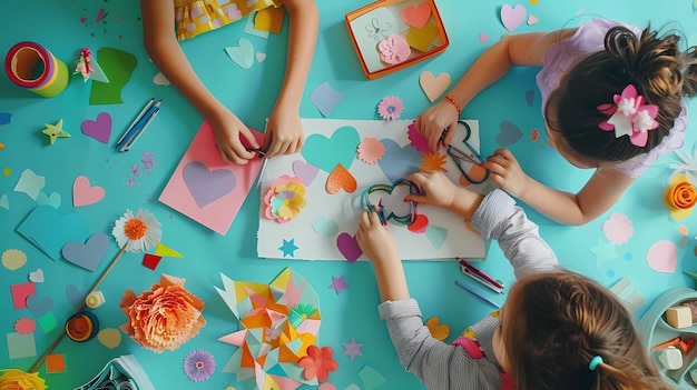 Vista de cima de meninas fazendo origami com papel colorido e tesouras