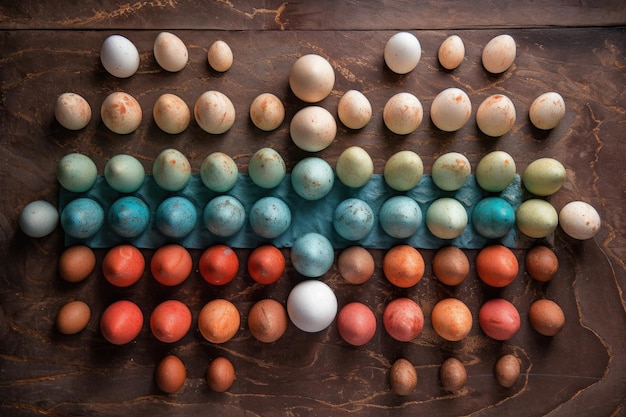 Vista de cima de ovos dispostos artisticamente em madeira