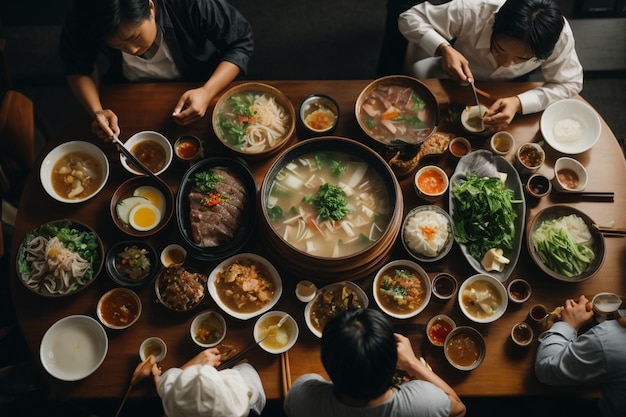 Vista de cima de pessoas comendo shabu ar c