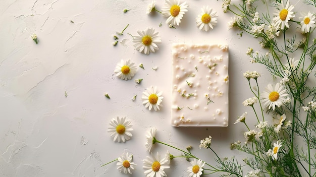 Vista de cima de sabão branco de camomila feito à mão com flores contra um fundo limpo IA generativa