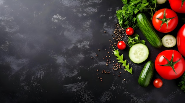 Vista de cima de tomates e pepinos ingredientes de cozinha em superfície preta