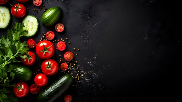 vista de cima de tomates e pepinos ingredientes de cozinha em superfície preta