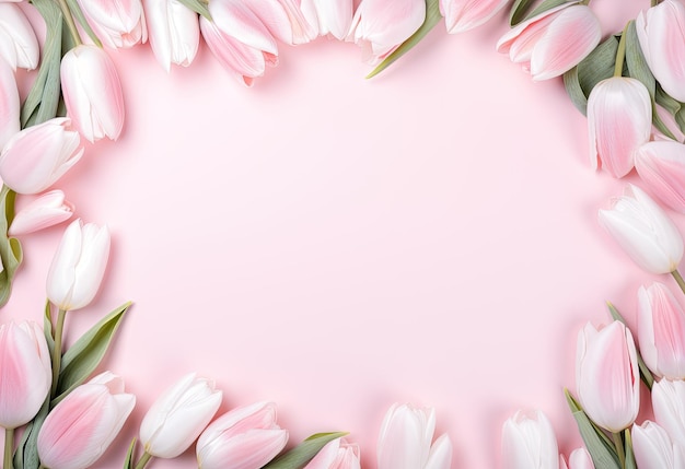 Vista de cima de tulipas com espaço de cópia em rosa claro Fundo ou cartão de saudação
