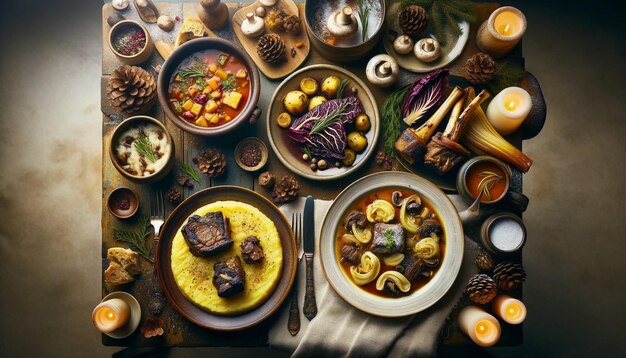 Vista de cima de um aconchegante banquete de inverno italiano com polenta com cogumelos osso buco assado