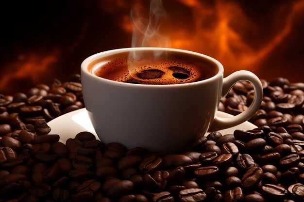 Vista de cima de um café saboroso com grãos de café
