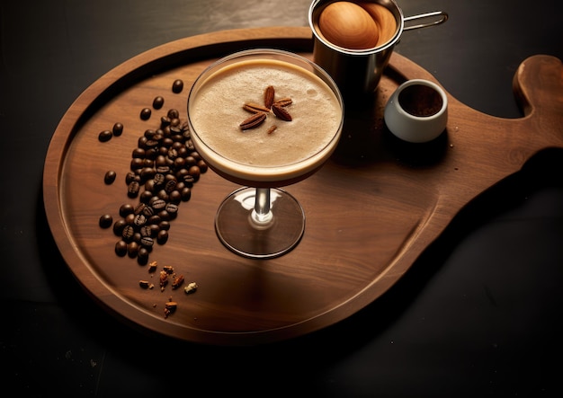 Vista de cima de um Espresso Martini em uma bandeja de madeira com acessórios relacionados ao café