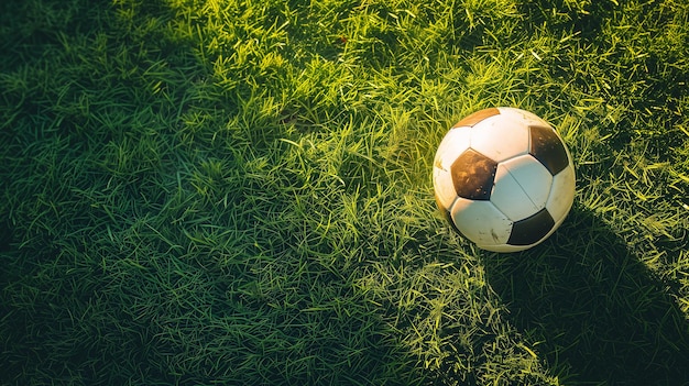 vista de cima de um futebol em campo de grama com espaço de cópia iluminação de hora de ouro ai geradora