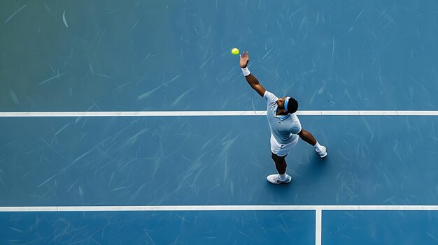 Vista de cima de um jogador de tênis profissional durante uma partida