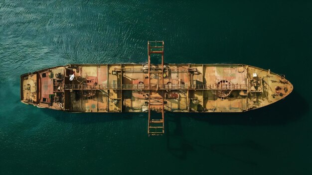 Foto vista de cima de um velho petroleiro que encalhou e virou