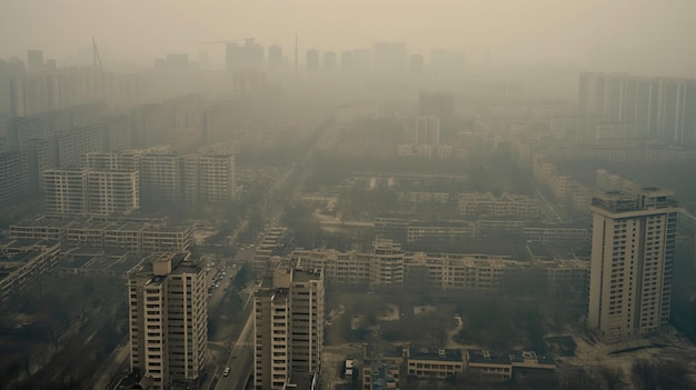 Vista de cima de uma cidade moderna poeirenta ou poluída com prédios altos