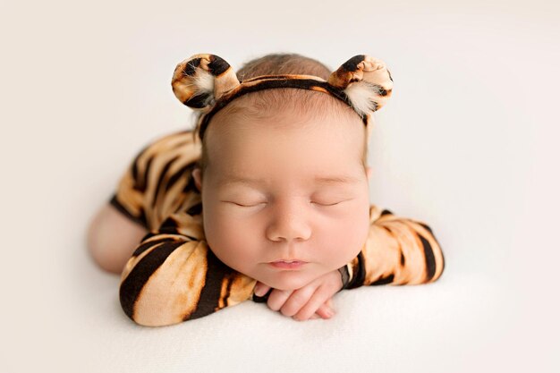 Vista de cima de uma menina recém-nascida dormindo em um macacão de tigre e uma bandagem em forma de orelha de tigre na cabeça sobre um fundo branco Menina 7 dias uma semana A imagem de um filhote de tigre