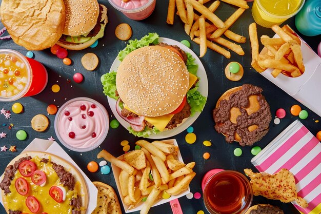 Foto vista de cima de uma refeição de fast food