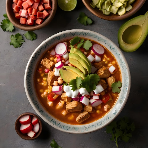 Vista de cima de uma tigela de pozole perfeitamente preparada