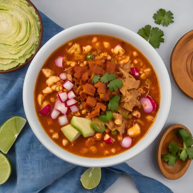 Foto vista de cima de uma tigela de pozole perfeitamente preparada