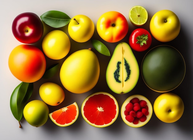 Foto vista de cima de uma variedade colorida de frutas nutritivas e suculentas geradas por ai