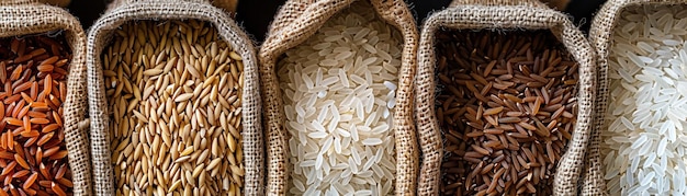 Foto vista de cima de vários grãos de arroz exibidos em sacos de lã