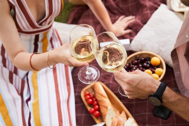 Vista de cima do jovem casal segurando taças de vinho enquanto desfruta de um piquenique romântico ao ar livre cópia.