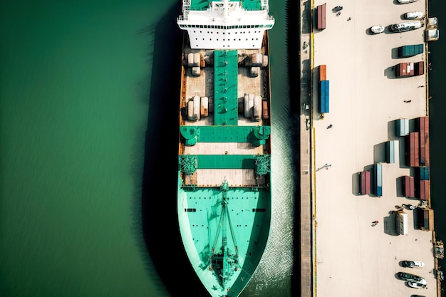 Foto vista de cima do navio atracado no ancoradouro no porto de carga