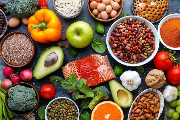 Vista de cima em uma mesa cheia de vários tipos de alimentos