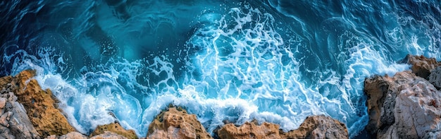 Vista de cima mostrando as ondas do oceano batendo contra as rochas
