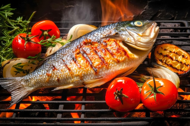 Vista de cima para baixo de cozinhar peixe Dorado na grelha com legumes grelhados peixe churrasco boa comida