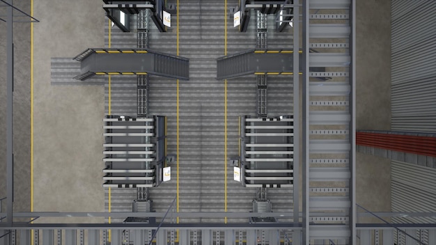 Foto vista de cima para baixo de fábrica automatizada com correia transportadora renderização 3d