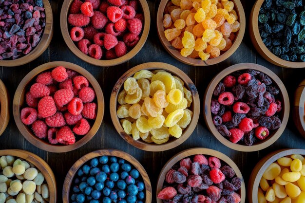 Foto vista de cima para baixo de tigelas de madeira cheias de frutas secas e bagas orgânicas