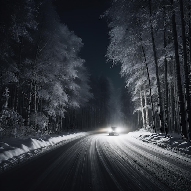 Vista de cima para baixo de um carro dirigindo para a floresta noturna de inverno imagem mística de viajantes perdidos