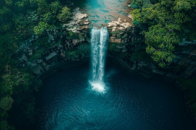 Vista de cima para baixo de uma cachoeira em cascata em uma área selvagem prístina Dia da Terra formado pela névoa que se levanta das cachoeiras promovendo a conservação da água IA geradora