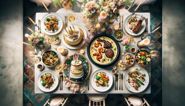 Vista de cima para baixo de uma recepção de casamento de primavera com risoto de frutos do mar, cordeiro grelhado e um vegetal